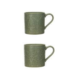 two green coffee mugs with christmas trees on the side and snowflakes in the middle