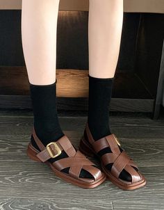 Roman Style Square Toe Strappy Sandals Slingback — Obiono Brown T-strap Slingback Sandals, Adjustable Brown T-strap Slingback Sandals, Brown Leather T-strap Sandals With Buckle, Elegant Brown T-strap Sandals With Buckle Closure, Brown Strappy T-strap Sandals With Buckle Closure, Roman Fashion, Chunky Heels Sandals, Retro Jewelry, Winter Boots Women