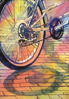 a painting of a bicycle parked on the side of a brick road with its front wheel missing