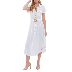 Effortless chic meets laid-back elegance in our August Sky Women's Belted Button-Up Shirt Dress. Featuring a classic spread collar and trendy batwing short sleeves, this dress effortlessly combines style and comfort. The front button-up closure, adorned with two front pockets, adds a touch of utility, while the O-ring belt cinches the waist for a flattering fit. Constructed from lightweight fabric, the U-hemline adds a modern twist. Please note, lighter colors may exhibit a hint of sheerness, em Button Up Shirt Dress, Ring Belt, White Shirt Dress, Versatile Dresses, Effortless Chic, O Ring, Button Up Shirt, Belts For Women, Lightweight Fabric