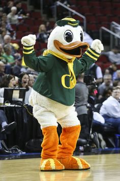 a mascot dressed in green and yellow standing on a basketball court with his arms up