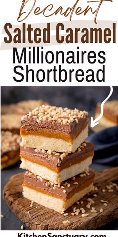 salted caramel shortbreads stacked on top of each other with text overlay