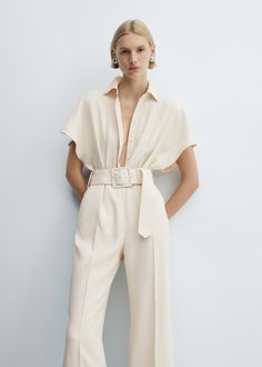 Belt long jumpsuit Cream Jumpsuit, Personal Branding Shoot, Mango Outlet, Branding Shoot, Engagement Pics, Long Jumpsuits, One Piece Suit, Fashion 2024, Denim Jumpsuit