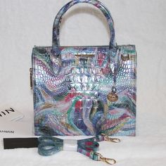 Brahmin Small Caroline Satchel Tote Bag In Elope Melbourne Brand New With Tag, Comes With Dust Bag And Registration Card Featured In Elope Melbourne, A Creative Combination Of Color Designed To Ignite The Imagination. Enter A World Of Whimsy With This Playful Print That Has Iridescent Shine Bringing A Glow To The Season. Made With Genuine Croc-Embossed Leather. Zip Top Closure Rolled Handles Removable Adjustable Crossbody Strap Back Slide In Pocket Pen Pocket Jewelry Pockets Interior Organizer P Elegant Multicolor Handheld Satchel, Luxury Multicolor Handheld Satchel, Elegant Multicolor Shoulder Bag With Double Handle, Elegant Multicolor Double Handle Shoulder Bag, Elegant Multicolor Top Handle Satchel, Elegant Multicolor Crossbody Satchel, Elegant Multicolor Rectangular Satchel, Elegant Multicolor Satchel With Top Carry Handle, Multicolor Elegant Tote Satchel