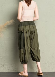 Natural Army Green Pockets Patchwork Cotton Lantern Pants SummerFabric: CottonSize & Fit: This garment fits true to size.Length: Size M measures 31.59"from waist to hem.Waist:Fitted - elastic waist allows stretch Hip: Loosely Fitted. room for hips. Hand Wash Cold. Baggy Wide-leg Patchwork Pants, Spring High Waist Patchwork Pants, High Waist Relaxed Fit Pants With Patchwork, Wide Leg Patchwork Bottoms For Spring, High Waist Relaxed Fit Patchwork Pants, Spring Baggy Patchwork Pants, Spring Patchwork Straight Pants, Spring Patchwork Trousers, Casual Wide-leg Patchwork Bottoms