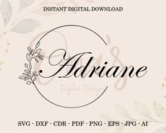 the logo for ariane digital design, with flowers and leaves around it on a white background