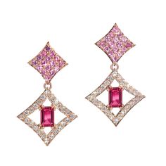 Regalo dangle earrings  in 14K rose gold with diamonds, sapphires and tourmalines.  GiGi Ferranti Raspberry Pink Color, Bracelets Stacked, Brooch Diamond, Gold Bracelets Stacked, Contemporary Fine Jewelry, Pink Color Palette, Geometric Symbols, Earrings With Diamonds, Raspberry Pink