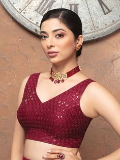 Board Neck Blouse Design, Burgundy Saree Blouse, Sleeves Less Blouse Designs, Traditional Red Sequin Blouse, Wine Red Saree Blouse, Sequin Blouse Designs, Red V-neck Saree With Unstitched Blouse, Maroon Sequin Saree, Sequin Saree Blouse