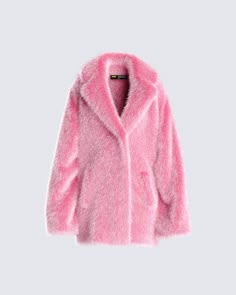 Wrap yourself in a pink cloud with this faux fur coat designed for an oversized fit and complete with long sleeves and front pockets ☁️ Make it known you're classy... but sassy 💖 Note: this coat has a unisex, oversized fit and we recommend going down a size for a regular fit! Pink Fluffy Long Sleeve Fur Coat, Trendy Fluffy Long Sleeve Fur Coat, Trendy Long Sleeve Fluffy Fur Coat, Pink Faux Fur Lined Coat For Winter, Pink Faux Fur Coat For Winter, Pink Fur Coat With Faux Fur Lining For Winter, Pink Fluffy Long Sleeve Outerwear, Pink Fluffy Winter Outerwear, Pink Faux Fur Outerwear For Cold Weather