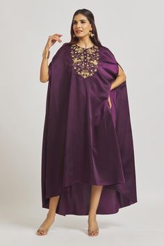 Purple satin dress featuring batwing sleeves and a round neckline, Fit: Relaxed Purple Satin Dress, Yoke Dress, Purple Satin, Satin Color, Cut Work, Satin Dress, Batwing Sleeve, Aza Fashion, Asymmetric Hem