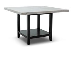 a white table with black legs and a marble top on an isolated surface, viewed from the front