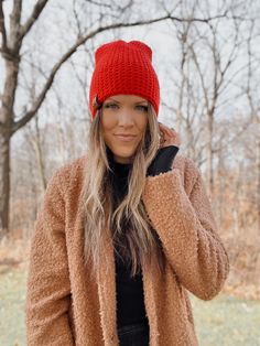 A classic everyday style for any outfit! All the warmth but no bulk. This beanie is a tighter fit, medium weight style. hand crocheted tighter stitch for extra warmth bright red 'Made in Minny' Faux Vegan Leather Tag in whiskey Medium weight, perfect for everyday 100% acrylic Spot clean if necessary, lay flat to dry Cozy Soft Knit Crochet Hat For Fall, Cozy Crochet Hat With Soft Knit For Fall, Warm Cozy Crochet Hat For Fall, Cozy Warm Crochet Hat For Fall, Cozy Crochet Beanie For Fall, Warm Crochet Hat For Fall, One Size Fits Most, Soft Knit Crochet Hat For Winter, Fitted Fall Beanie, Soft Knit Crochet Hat One Size For Fall