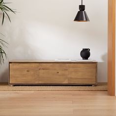 a black vase sitting on top of a wooden dresser next to a potted plant