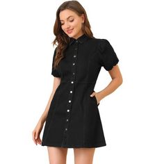 This shirt dress is cut from stretchy denim and meant to be worn for every fun day on your agenda. This sweet a-line dress has a denim construction that shapes the collared and vintage puff sleeves. A set of princess seams frame the full button placket that spans from the bodice to the mini hem. Pair this cutie with your fave plimsolls for the cutest casual style! Denim Dress Fall, Mini Denim Dress, Button Down Denim Dress, Amazon Outfits, Jean Dresses, Summer Apparel, Womens Denim Dress, Denim Midi Dress, Denim Shirt Dress