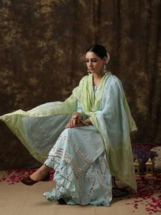 Ambika - Neel Sharara set - Trendroots Cotton Sharara Suits, Ombre Dupatta, Cotton Sharara, Turquoise Clothes, Block Printed Suits, Heavy Dupatta, Kurta Sharara Set, Kurta Sharara, Sharara Suit