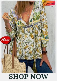 Ethnic Bohemian Floral Print Long Sleeve V-neck Women Blouse Top Bohemian V-neck Top With Boho Print, Fall Bohemian V-neck Blouse, Festival Floral Print V-neck Top, Bohemian Printed V-neck Tops, Bohemian V-neck Printed Blouse, Multicolor V-neck Peasant Top For Fall, Summer Bohemian V-neck Blouse, Multicolor V-neck Peasant Top For Festival, Green V-neck Hippie Top