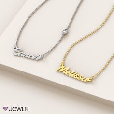 This dainty necklace is the perfect combination of timeless and chic! Make any 9-character word, phrase, or name come to life with our stunning Plicata font, which adds a fun feel to any outfit. Personalize yours in sterling silver, white, yellow, or rose gold for a one-of-a-kind present for yourself or someone you love. Perfect alone or layered with one of our other styles, this necklace includes a choice of matching chains, or add a little extra sparkle with a cable chain featuring a satellite Dainty Clavicle Chain Name Necklace For Anniversary, Dainty Engraved Nameplate Necklaces, Dainty White Gold Custom Name Necklace, Elegant Silver Nameplate Birthstone Necklace, Everyday Dainty White Gold Name Necklace, Elegant Personalized Birthstone Necklace For Everyday, Elegant Adjustable Birthstone Necklace For Mother's Day, Engraved Round Pendant Name Necklace, Silver Name Necklace With Delicate Chain For Anniversary