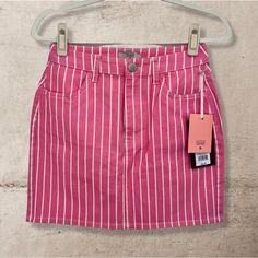 New With Tags Striped Pink Denim Mini Skirt Size 2 Pink With Vertical White Stripes Front Pockets Waist: 27 In, Hips: 37 In, Inseam Length: 8 In, Total Length: 16 In 98% Cotton, 2% Spandex Trendy High-waist Skirt For Spring, Trendy High Waist Skirt For Spring, Pink Fitted Trendy Denim Skirt, Trendy Fitted Pink Denim Skirt, Pink High-waisted Denim Skirt For Spring, Pink Mini Denim Skirt For Summer, Casual High Waist Pink Denim Skirt, Pink High-waisted Fitted Denim Skirt, Spring Striped Mini Skort