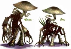 two alien like creatures with plants on their heads and legs, standing next to each other