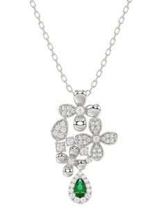 The Floral White Gold Pendant Necklace features an 18 karat white gold delicate chain with a floral mosaic pendant at the forefront. Emulating falling flowers, the pendant is composed of white gold four-leaf clovers adorned with diamonds, complete with a teardrop-shaped natural emerald and pavé diamonds. Flower Diamond Pendant, White Gold Flower-shaped Fine Jewelry Necklace, White Gold Flower Shaped Fine Necklace, White Gold Fine Jewelry Necklace In Flower Shape, Elegant Green Flower Pendant Necklaces, Elegant White Gold Flower Charm Necklace, Elegant Green Flower Pendant Necklace, Sterling Silver Diamond Flower Pendant Necklace, Luxury White Gold Flower Necklace