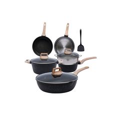 three pots and two pans with wooden handles on white background for use in cooking