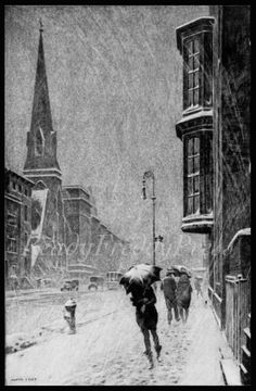 a drawing of people walking down a street in the snow with an umbrella over their head