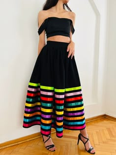 This stylish handmade skirt with colored stripes, suitable for any occasion, can be ordered in any color and size you want, has a hidden zipper and no lining. The length of this skirt can be as you wish and its size can be ordered from children to adults. Just give me the size of the waist and the length of the skirt. You can add the top you see in the picture to your order, which has a separate cost. processing time and shipping preparation and pack your order it can take me 3_5 days . please make sure the your address is up to date and accurate .  If you would like express shipping please add the upgrade during check out .  NO RETURN S OR EXCHANGES  unless I have made mistake with the size or if the costume is not same as pictured , please check carefully all measurement before making a Striped Long Flowy Skirt, Striped Flowy Long Skirt, Cotton Long Skirt For Party, Bohemian Multicolor Maxi Skirt For Party, Bohemian Multicolor Party Maxi Skirt, Multicolor Flared Maxi Skirt, Bohemian Flared Maxi Skirt For Parties, Bohemian Multicolor Skirt For Fiesta, Bohemian Midi Skirt For Party