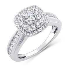 Ring Style: Engagement Rings, Single Center RingsDiamond Clarity: I2-I3Shape: CushionStone Cut: RoundDiamond Color: I-JMetal Color: WhiteCenter Stone Weight: 1/3 Ct.Ring Gallery Height: 8.3mmRounded Carat Weight: 1 Ct. T.w.Band Width: Care: Wipe CleanStone Type: 59 Natural DiamondAuthenticity: Natural DiamondMetal: 10k GoldCountry of Origin: Imported Fine Jewelry Princess Cut Halo Promise Ring, White Promise Rings Fine Jewelry, Promise Ring In 14k White Gold, 14k White Gold Princess Cut Jewelry With Halo Setting, White 14k Gold Promise Ring, 14k White Gold Princess Cut Halo Jewelry, Diamond White Halo Setting Promise Ring, White Promise Ring With Center Stone, Princess Cut Halo Ring In White Gold For Anniversary