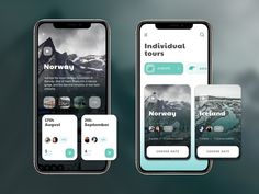 two iphones with travel app screens on them, one showing norway and the other displaying destinations