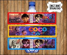 the coco movie water bottle label is shown on a wooden table with an image of coco and her friends