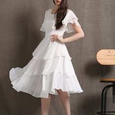 White Dress Chiffon, White Chiffon Dress, White Frock, Chiffon White Dress, Frock For Women, Tunic Designs, Frilly Dresses, White Prom Dress, White Dress Party