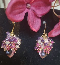 Cluster Gold Multi Gemstone Earrings - Etsy Pink Amethyst, Wire Earrings, Earrings Etsy, Gemstone Earrings, Etsy Earrings, 925 Silver, Dangle Drop Earrings, Gold Plate, Amethyst