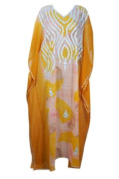 Womens Travel Kaftan Maxi Dress, Bohemian Orange Pink Caftan, Embroidered GEORGETTE Summer Resort Wear, Beach Dresses, Long Caftan L-4XL