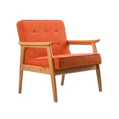 an orange chair sitting on top of a white floor next to a wooden armrest