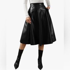 Women’s Faux Leather Black Skirt. Black Leather Knee-length Bottoms, Knee-length Black Leather Bottoms, Sleek Black Flared Skirt Bottoms, Sleek Black Flared Skirt, Black Leather Skirt For Evening, Winter Faux Leather Skirt, Elegant Faux Leather Skirt For Fall, Chic Faux Leather Flared Skirt, Chic Faux Leather Skirt For Fall