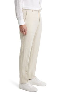 Breezy linen means a fresh fit in these modern trousers that are a classic for the sunnier seasons. 37" inseam; 16" leg opening; 10 1/2" front rise; 16" back rise (size 36) 100% linen Dry clean Imported Classic Full-length Bottoms For Summer, Classic Full-length Summer Bottoms, Classic Full Length Dress Pants For Summer, Casual Linen Dress Pants With Welt Pockets, Relaxed Fit Linen Dress Pants With Tapered Leg, Casual Linen Dress Pants Straight Leg, Casual Linen Dress Pants, Fitted Linen Pants For Formal Occasions, Tailored Casual Linen Pants