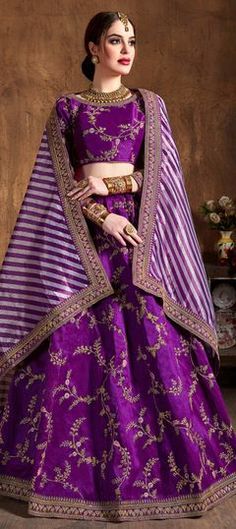 Purple and Violet color Lehenga in Mulberry Silk fabric with Embroidered, Sequence, Thread, Zari work Bridal Chaniya Choli, Indian Designer Lehenga, भारतीय दुल्हन संबंधी, Lehenga For Girls, Bridal Wedding Lehenga, Canada Women, Plus Size Lehenga, Bridesmaid Lehengas, Lehenga Choli Designer