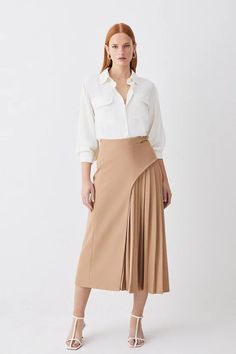 Tailored Buckle Detail Pleated Midi Skirt | Karen Millen Smart Aesthetic, Belt Skirt, Outfits Petite, Womens Business Casual, Crisp White Shirt, Skirt Style, Midi Skirts, Pleated Midi Skirt, Winter Clothes