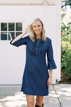 We took two of our favorite things—chambray and flirty ruffles—and combined them in our new Chambray Ruffle Shift Dress. It's a piece we love for casual occasions when you still want to look pulled together and feminine. Pair it with flats or heels and your fave jewelry and enjoy the compliments! ======== 100% Cotton L Spring Daywear Ruffle Dress, Spring Daywear Ruffle Hem Dress, Spring Daywear Ruffle Sleeve Dress, Spring Daywear Ruffle Dress With Ruffle Hem, Chic Cotton Ruffle Dress For Spring, Spring Ruffle Hem Dress For Daywear, Spring Ruffle Sleeve Dress For Daywear, Casual Cotton Ruffle Dress With Ruffle Sleeves, Casual Ruffle Sleeve Dress For Daywear