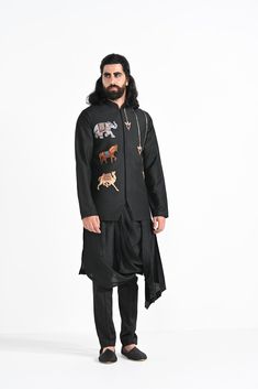 Jet Black Bamberg Raw Silk Nehru Kurta Set inpired by A Rajasthani Painting, with hand embroidered Nehru and a drape Kurta. Paired with Jet black slim fit Pant Pajama. Color of the actual garment may vary due to lighting conditions during the shoot.
 

Size Chart For Men





	
	
					Men's Size Chart
		

		
		
						
				Size Chart For Men
				Custom Size Measurement Guide
			
			
				
				
				Custom Size Measurement Guide
1. Take your measurements at ease…don’t hold your breath!
2. Be a littl Luxury Black Nehru Jacket With Mirror Work, Bridal Shower Cocktails, Black Slim Fit Pants, Rajasthani Painting, Lehenga Saree, Kurta Set, Slim Fit Pants, Raw Silk, Jet Black