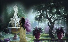 a painting of a woman standing in front of a fountain with flowers around it and trees