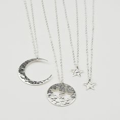 "Generations necklace set. Grandmother Mother Two Granddaughter necklaces. This set comes with one grandmother necklace, one mother necklace and two granddaughter necklaces. The four necklaces will arrive in a nice gift box. If you prefer the necklaces be shipped in an individual box, please let me know. Grandmother's necklace: The moon pendant is about 1.25\"sterling silver, 14K gold filled or 14K rose gold filled. Sterling silver, 14K gold filled or 14K rose gold filled chain, It is 20\". Moth Anniversary Necklace With Round Star Charm Pendant, Celestial Silver Necklace For Mother's Day, Personalized Celestial Sterling Silver Necklaces, Personalized Celestial Sterling Silver Necklace, Celestial Sterling Silver Personalized Necklaces, Personalized Silver Celestial Necklace, Sterling Silver Necklaces With Moon Charm For Anniversary, Sterling Silver Necklace With Moon Charm For Anniversaries, Sterling Silver Moon Charm Necklace For Anniversary