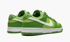 The Nike Dunk Low “Chlorophyll” is a bright take on the classic basketball shoe turned casual favorite.  This sneaker features a Vivid Green leather base paired with a darker shade of green leather that Nike has dubbed Chlorophyll.  White provides contrast on the laces, side Swooshes, and rubber midsole.  A perforated toe box offers breathability.  Release date: July 8, 2022 Nike Dunk Low Chlorophyll, Baddie Shopping, Candy Shoes, Jordans Nike, Cute Shoe, Jordan Shoes Retro, Exclusive Sneakers, Adidas Spezial, Green Bottom