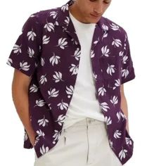 New With Tag Gap Hawaiian Shirt Vacation Tropical Spring Easter Resort Hipster Purple Botanical All Over Print Linen Blend Button Front Lightweight Breathable Men Sz Xxl White Casual Camp Shirt With Pockets, Gap Summer Tops With Spread Collar, Gap Relaxed Fit Shirt For Spring, Casual Hawaiian Shirt With Camp Collar, Casual Hawaiian Shirt With Pockets And Camp Collar, Purple Printed Shirt With Short Sleeves, Gap Relaxed Fit Top With Button Closure, Gap Tops With Button Closure And Relaxed Fit, Relaxed Fit Cotton Hawaiian Shirt With Button Closure