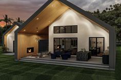 a rendering of a modern house with an open floor plan and pitched roof, surrounded by lush green grass