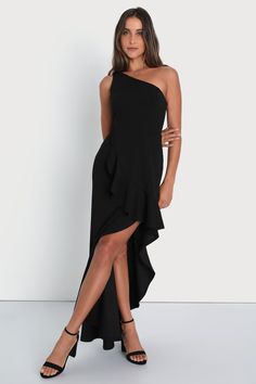 Black Maxi Dress - Black Ruffled Maxi - One-Shoulder Maxi Dress - Lulus Ruffled Maxi Length Off Shoulder Party Dress, Ruffled Maxi Length Off Shoulder Dress For Party, One Shoulder Ruffled Maxi Dress For Cocktail, One Shoulder Ruffled Maxi Dress For Night Out, One-shoulder Ruffled Maxi Dress For Night Out, One Shoulder Maxi Dress With Ruffles For Night Out, One-shoulder Ruffled Maxi Dress For Cocktails, Fitted Off Shoulder Maxi Dress With Ruffles, Formal One Shoulder Maxi Dress With Ruffles