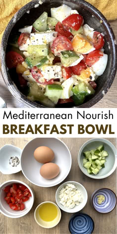 Mediterranean breakfast bowl with combined ingredients and image of ingredients in bowls Refreshing Breakfast Ideas, Mediterranean Diet Recipes For Breakfast, Mediterranean Diet Bowls, Easy Mediterranean Diet Breakfast