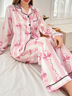 Ribbon Bow Print Faux Silk Lapel Pajama Set Multicolor Casual-Young  Long Sleeve Satin All Over Print,Textured Pattern Pant Sets Non-Stretch All,Spring/Summer,Fall/Winter Women Sleep & Lounge, size features are:Bust: ,Length: ,Sleeve Length: Things To Get For Christmas, Teen Tops, Satin Tops, Silk Pyjamas, Fleece Tights, Grey Colour Suit, Bow Print, Summer Fashion Beach, Satin Pajamas