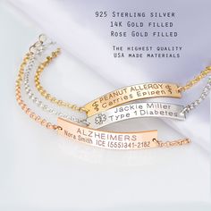 "Medical ID Bracelet, Medical Alert bracelet Women, Allergy Bracelets, Medical Jewelry, Emergency Alert Bracelet We sell just highest quality USA made 14 K GOLD FILLED (not gold plated), Rose Gold or Sterling Silver jewelry. With proper care gold pieces can last from 10-15 years, Sterling silver - forever. DETAILS: Bar size- 38mmx7mm - 14 Gold filled, Sterling silver or Rose Gold: Please send your personalization using Personalization box before checkout; We can engrave BOTH SIDES. You can choos Personalized Sterling Silver Rose Gold Bracelet, Personalized Rose Gold Sterling Silver Bracelets, Engraved Rose Gold Sterling Silver Name Bracelet, Silver Name Chain Bracelet For Mother's Day, Mother's Day Silver Chain Bracelet With Name, Hypoallergenic Rose Gold Name Bracelet, Silver Nameplate Bracelet For Mother's Day, Silver Nameplate Bracelets For Mother's Day, Gold Sterling Silver Nickel-free Bracelet For Anniversary