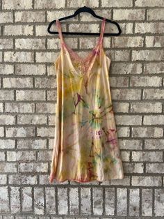 "Hand-dyed Upcycled vintage slip dress with lace detail throughout Measurements: Size: Medium Length: 33\" Bust: 28\"" Vintage V-neck Slip Dress For Spring, Summer Silk Slip Dress With Lace Trim, Spring Lace Camisole Slip Dress, Vintage Silk Slip Dress With Spaghetti Straps, Summer Daywear Slip Dress With Lace Patchwork, Summer Camisole Slip Dress With Lace Patchwork, Summer Slip Dress With Lace Patchwork For Daywear, Summer Lace Slip Dress With Lace Patchwork, Spring Camisole Slip Dress With Lace Trim